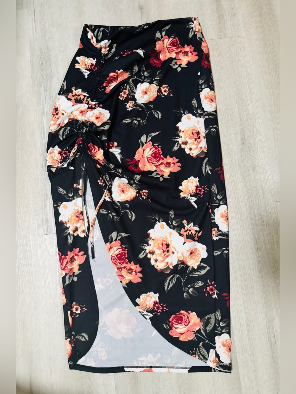 SHEIN black skirt floral print adjustable side drawstring high slit M